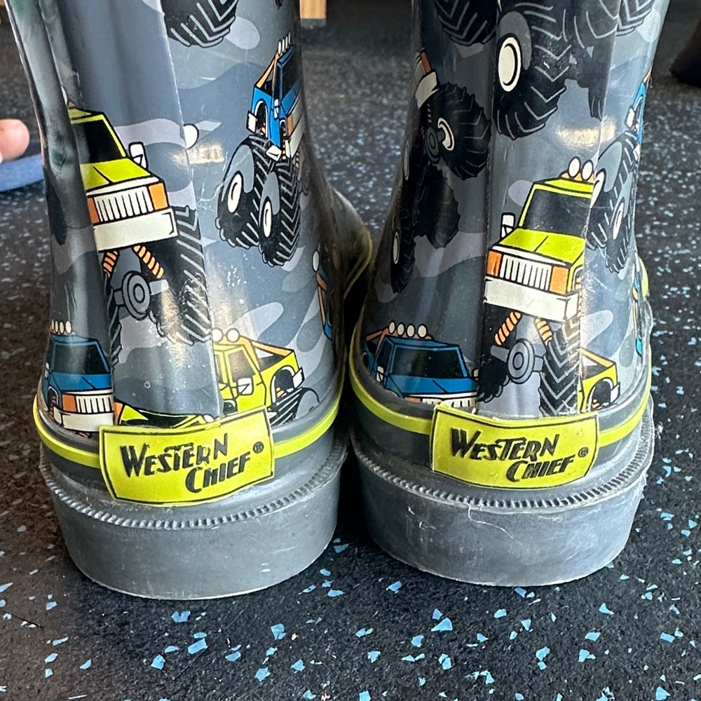 Western Chief Gray Rain Boots with Blue & Yellow Monster Truck Print - Picture 2 of 4